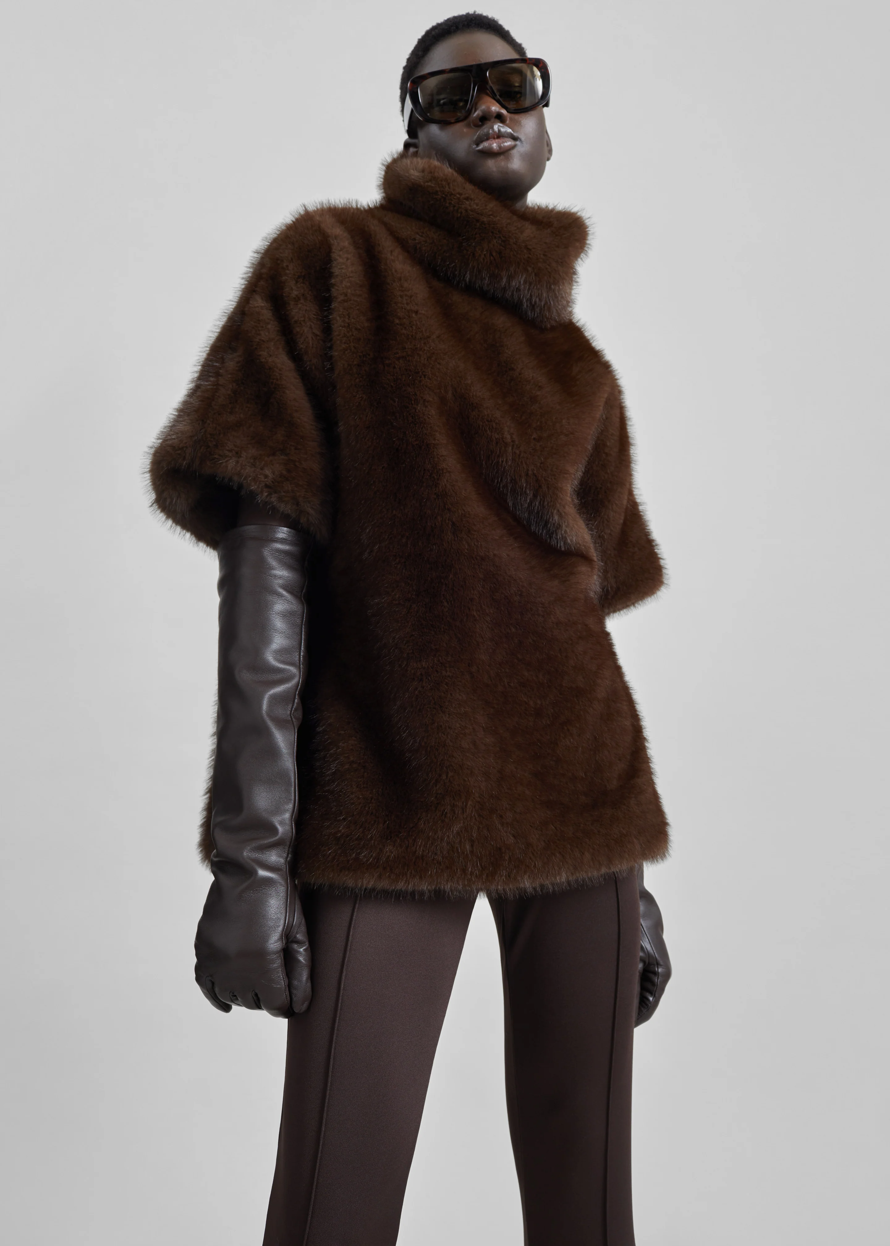 Trento Faux Fur Mock Neck Top - Dark Brown - Image 3