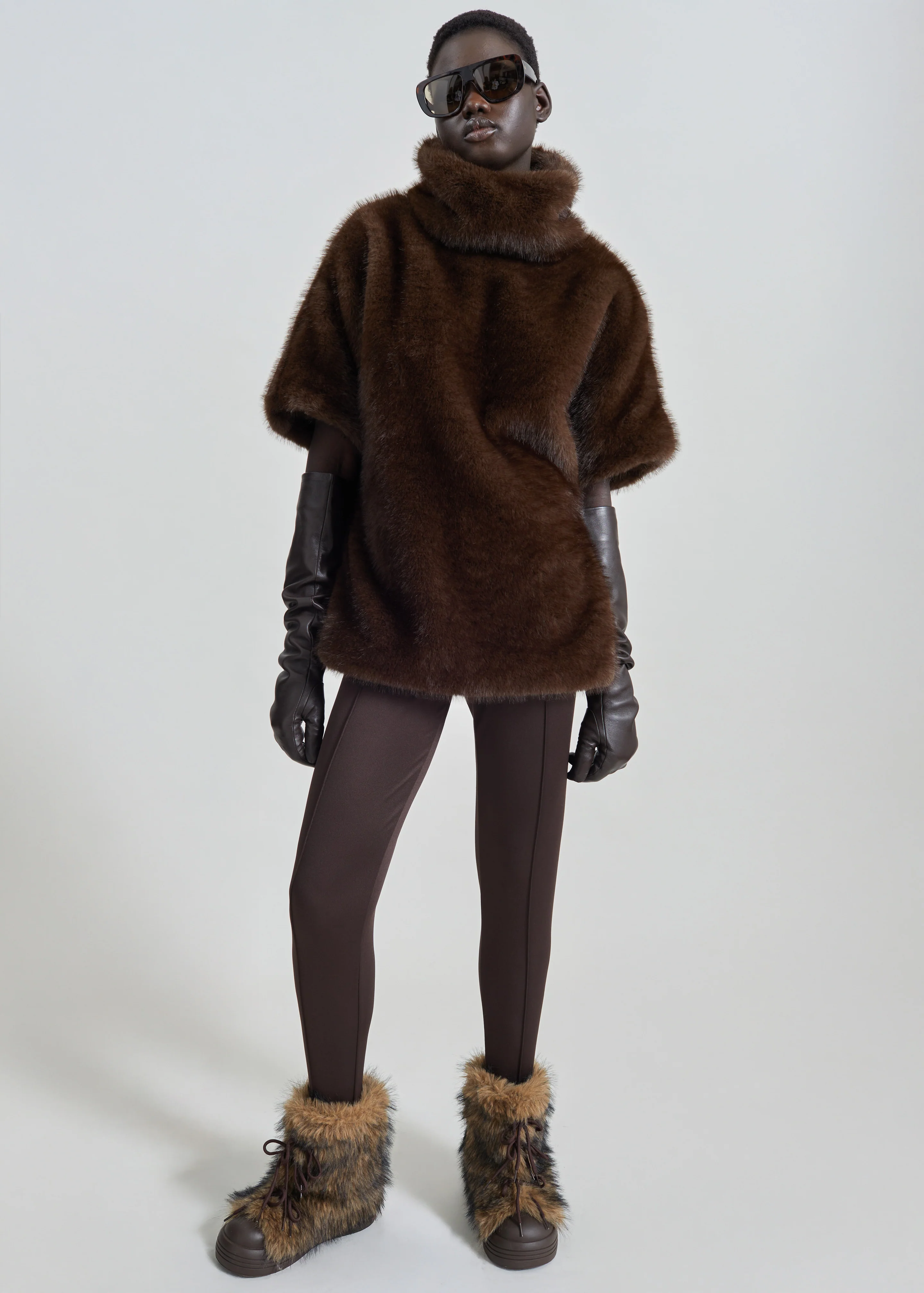 Trento Faux Fur Mock Neck Top - Dark Brown - Image 4