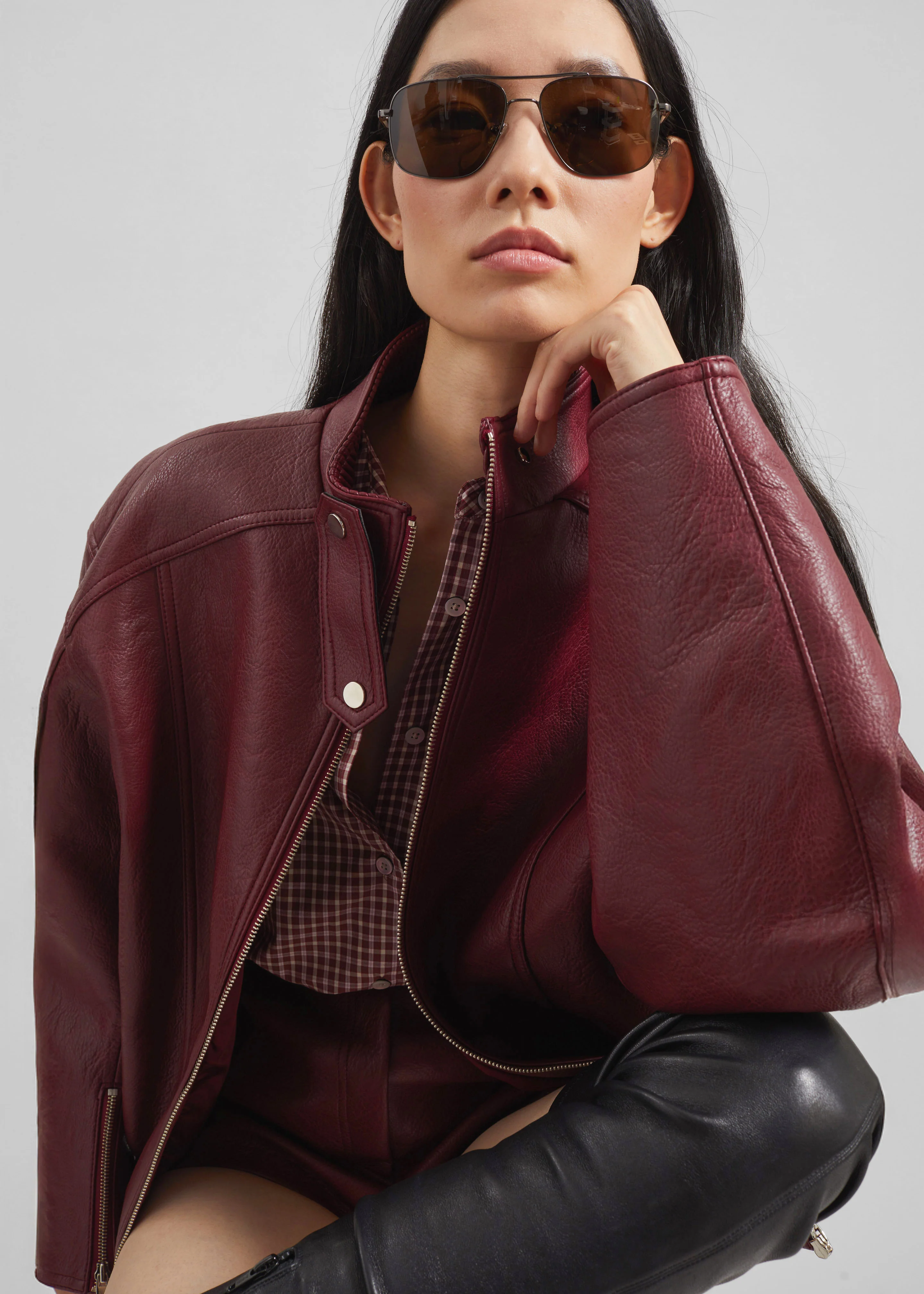 Troye Faux Leather Bomber Jacket - Burgundy - Image 4