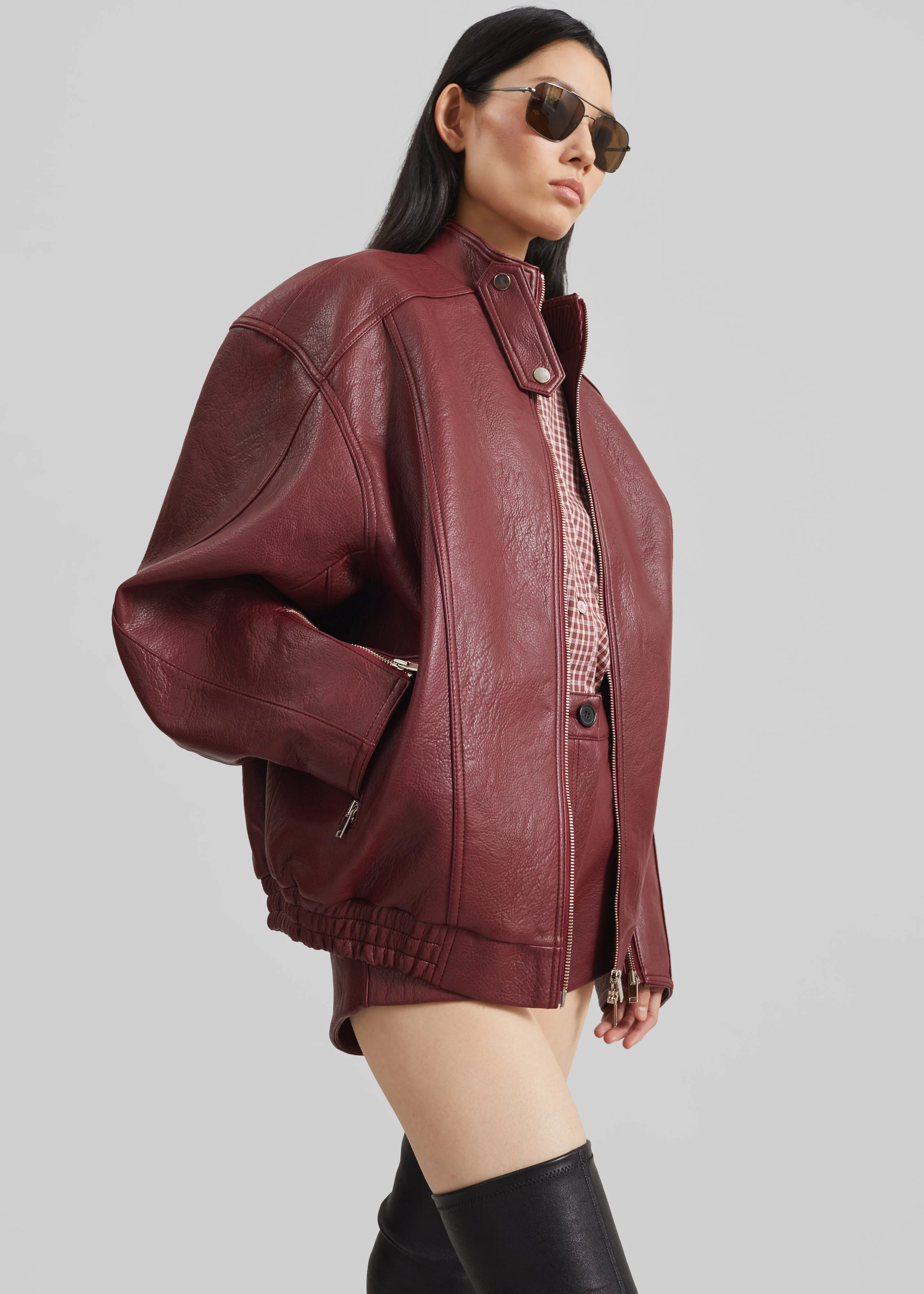 Troye Faux Leather Bomber Jacket - Burgundy - Image 6