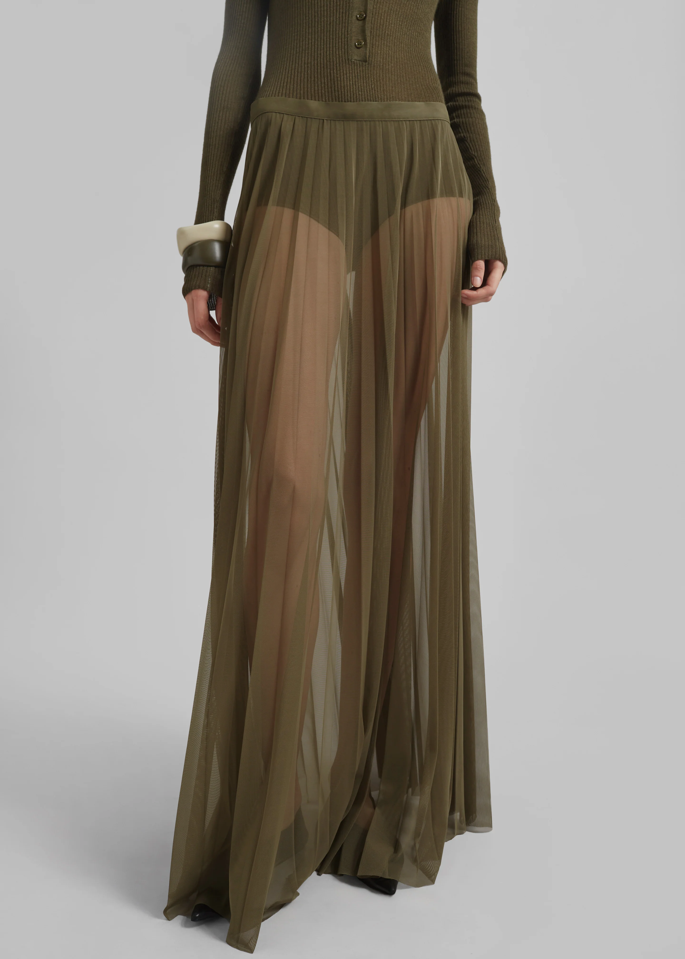 Vallen Pleated Mesh Maxi Skirt - Khaki - Image 6