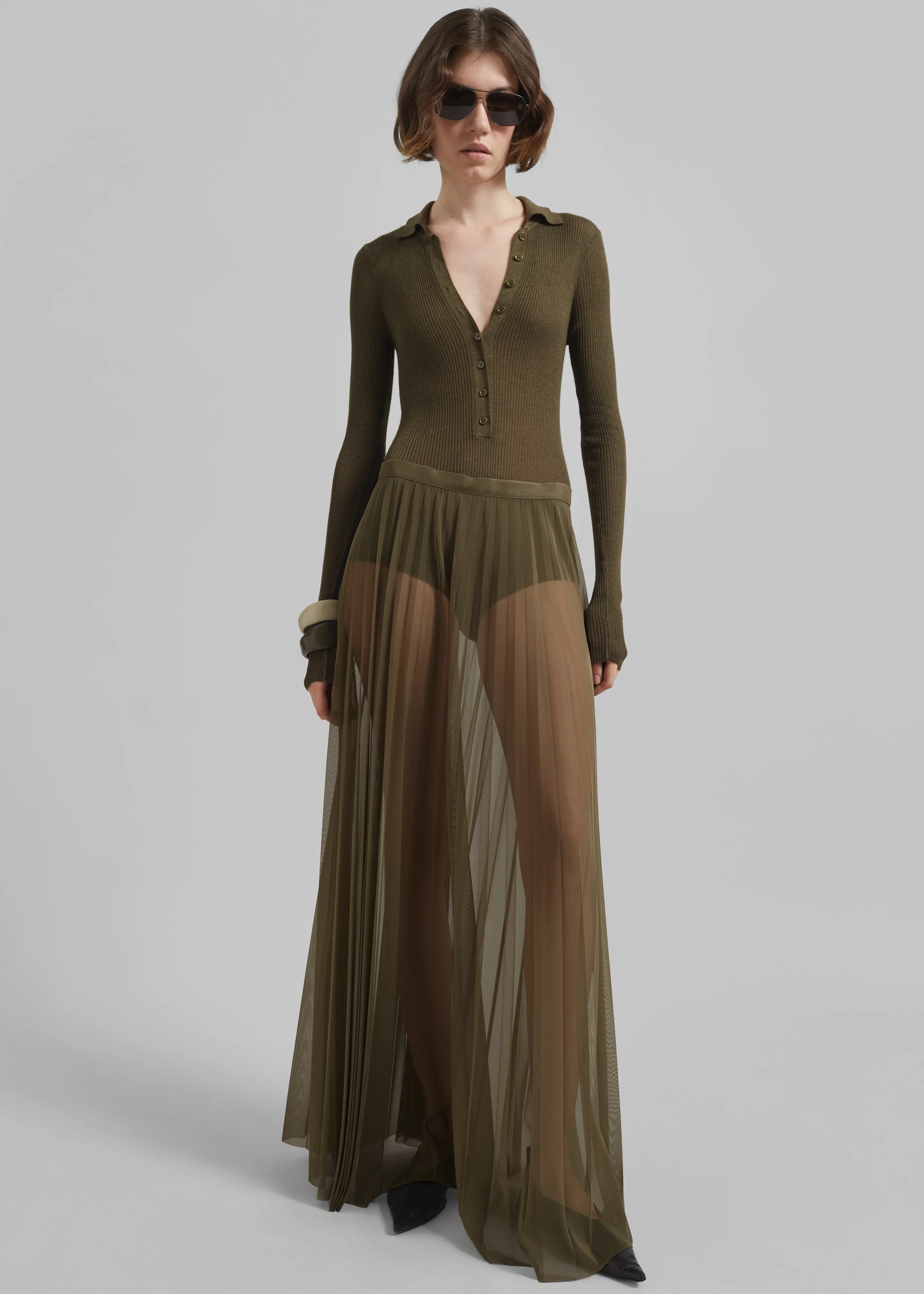 Vallen Pleated Mesh Maxi Skirt - Khaki - Image 7