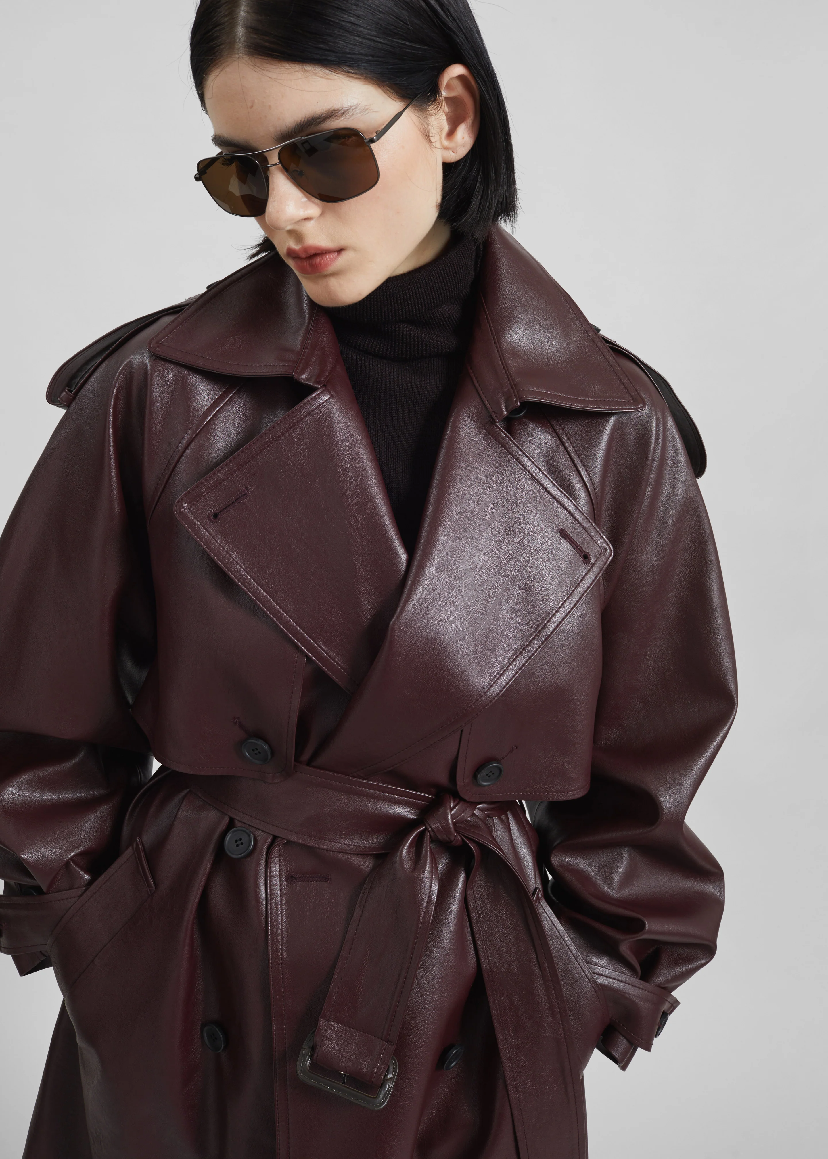 Vandve Faux Leather Trench - Burgundy - Image 4