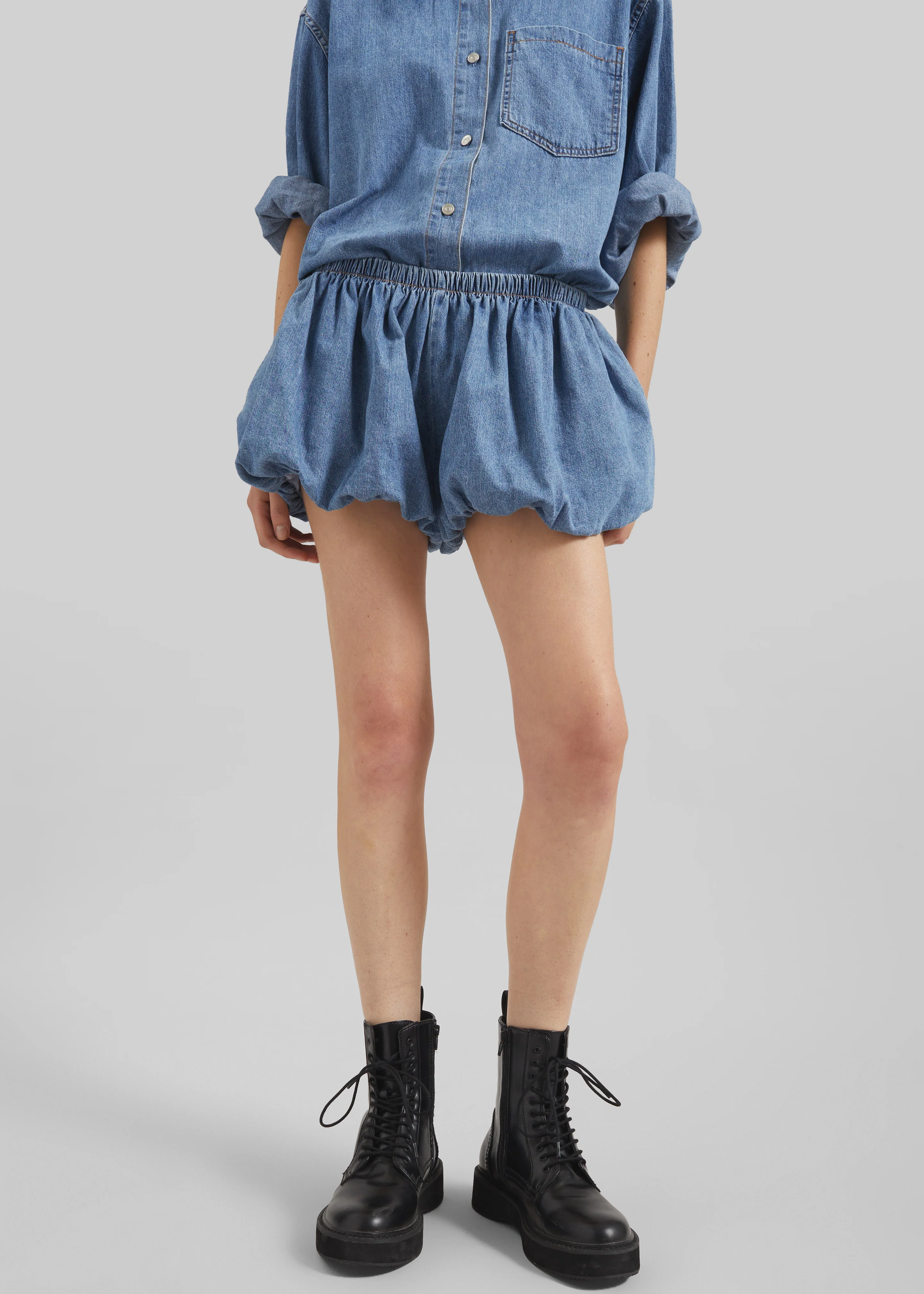 Varzy Denim Bubble-Hem Shorts - Medium Wash - Image 2