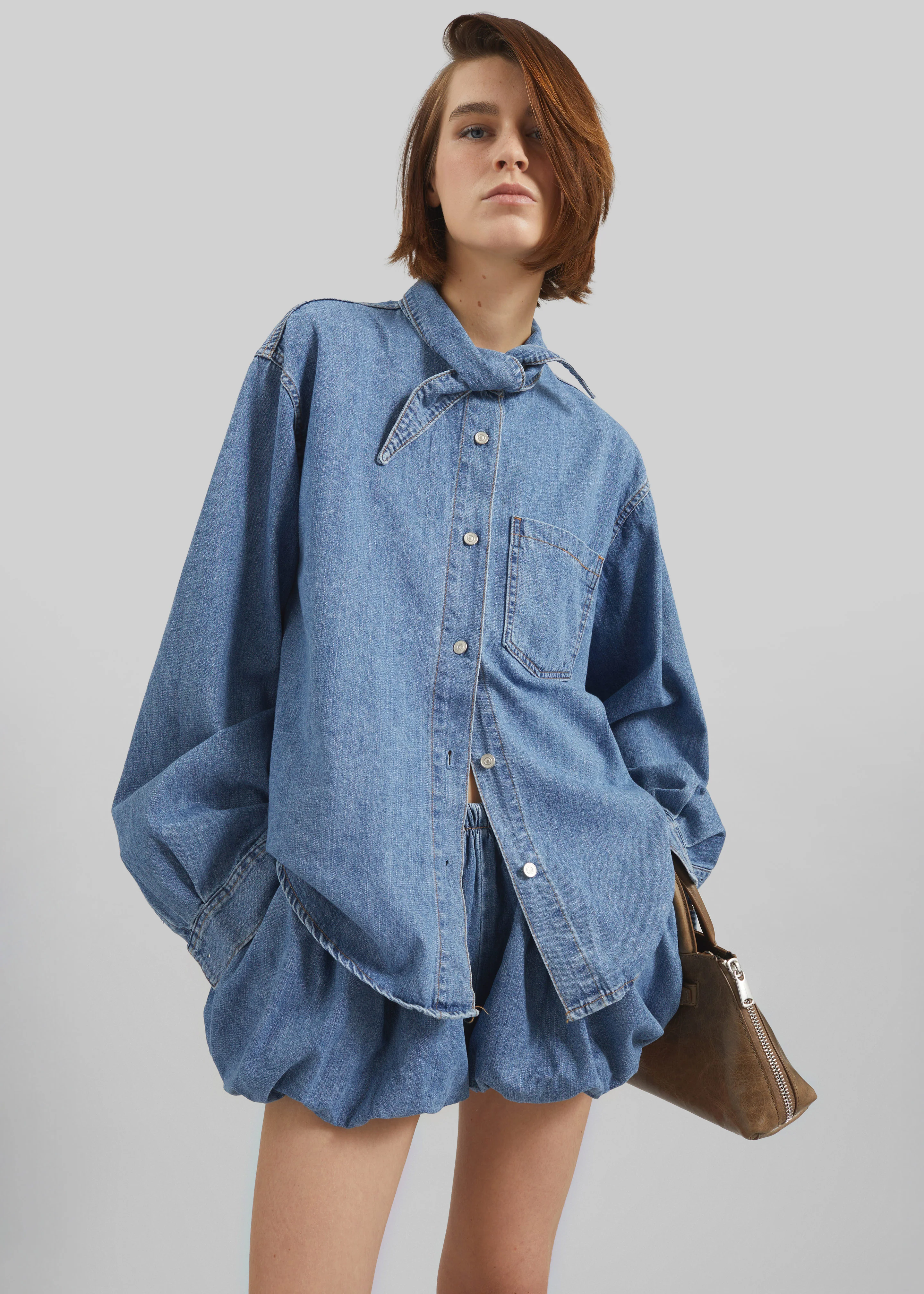 Varzy Denim Bubble-Hem Shorts - Medium Wash - Image 3