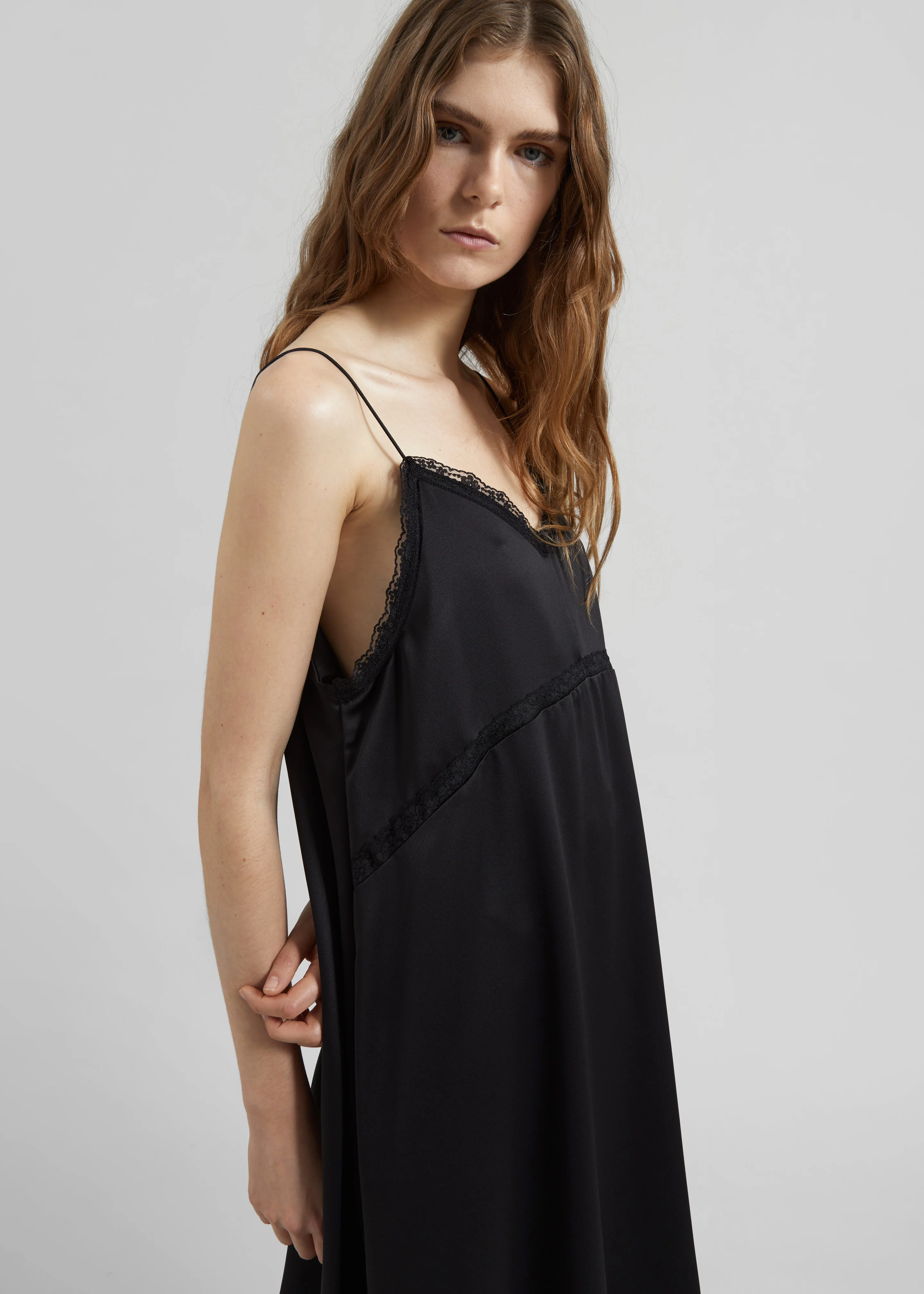 Velanne Satin Lace Trim Dress - Black - Image 3