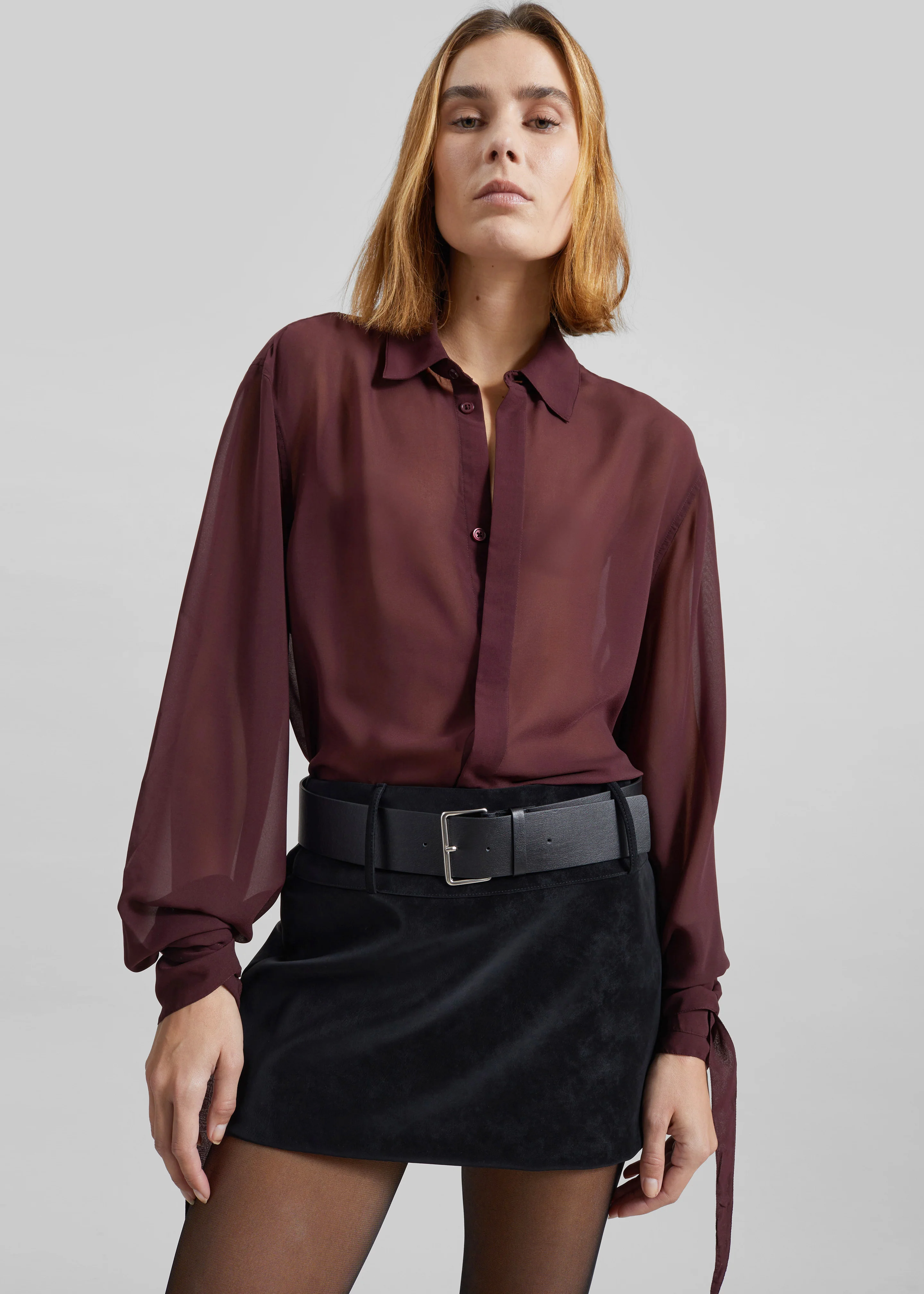 Verlin Sheer Chiffon Tie Cuff Shirt - Burgundy - Image 2