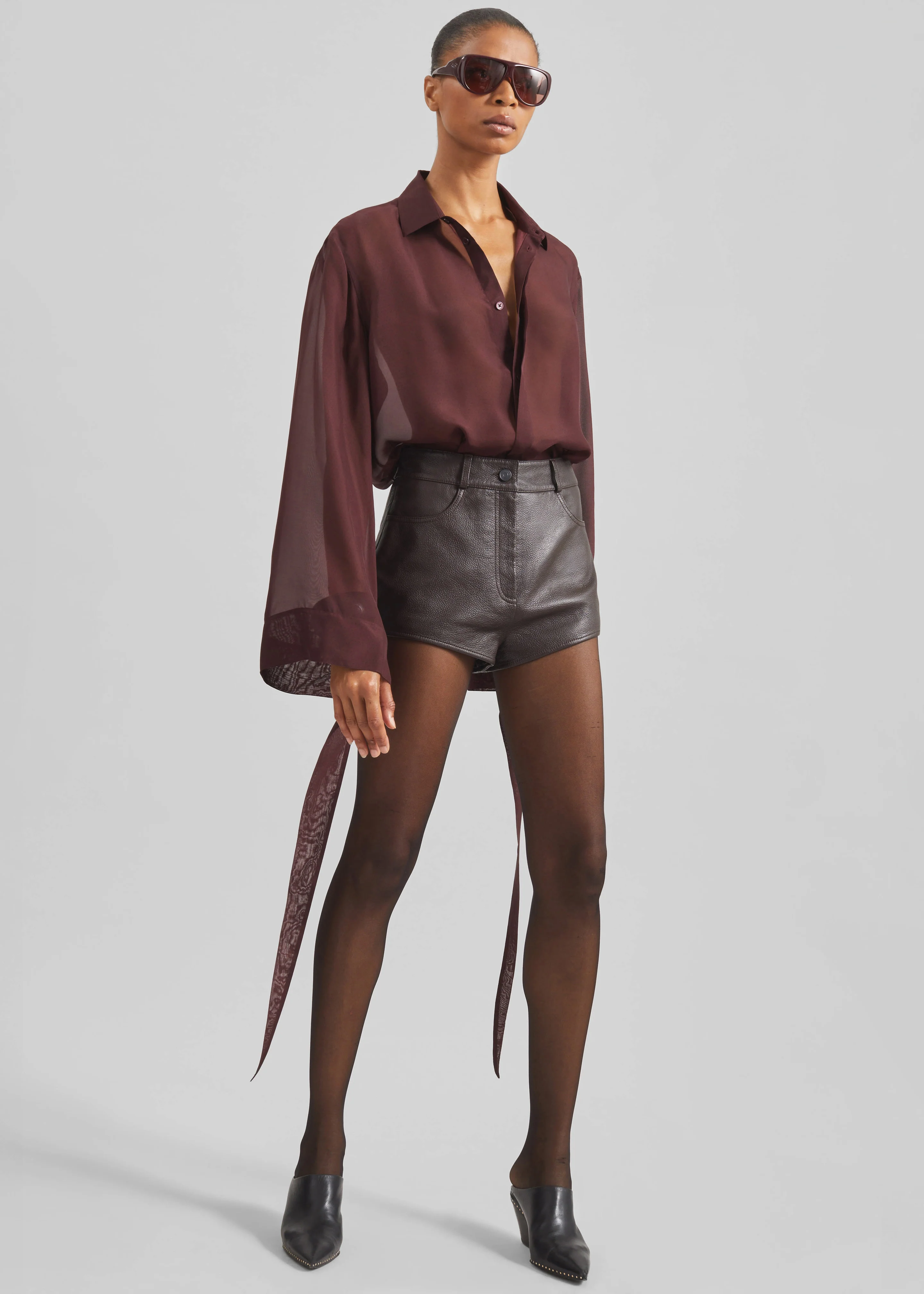Verlin Sheer Chiffon Tie Cuff Shirt - Burgundy - Image 5