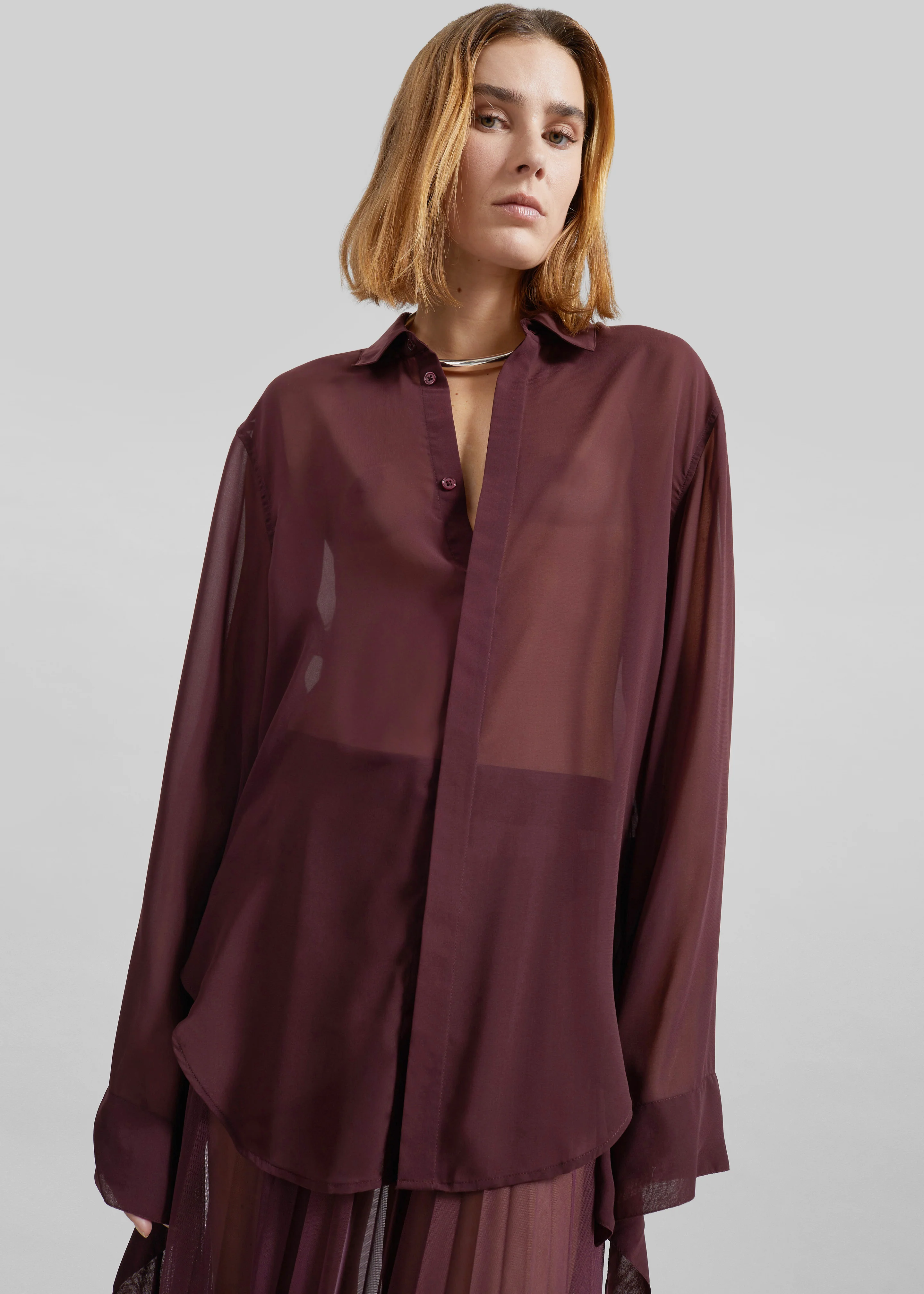 Verlin Sheer Chiffon Tie Cuff Shirt - Burgundy - Image 6
