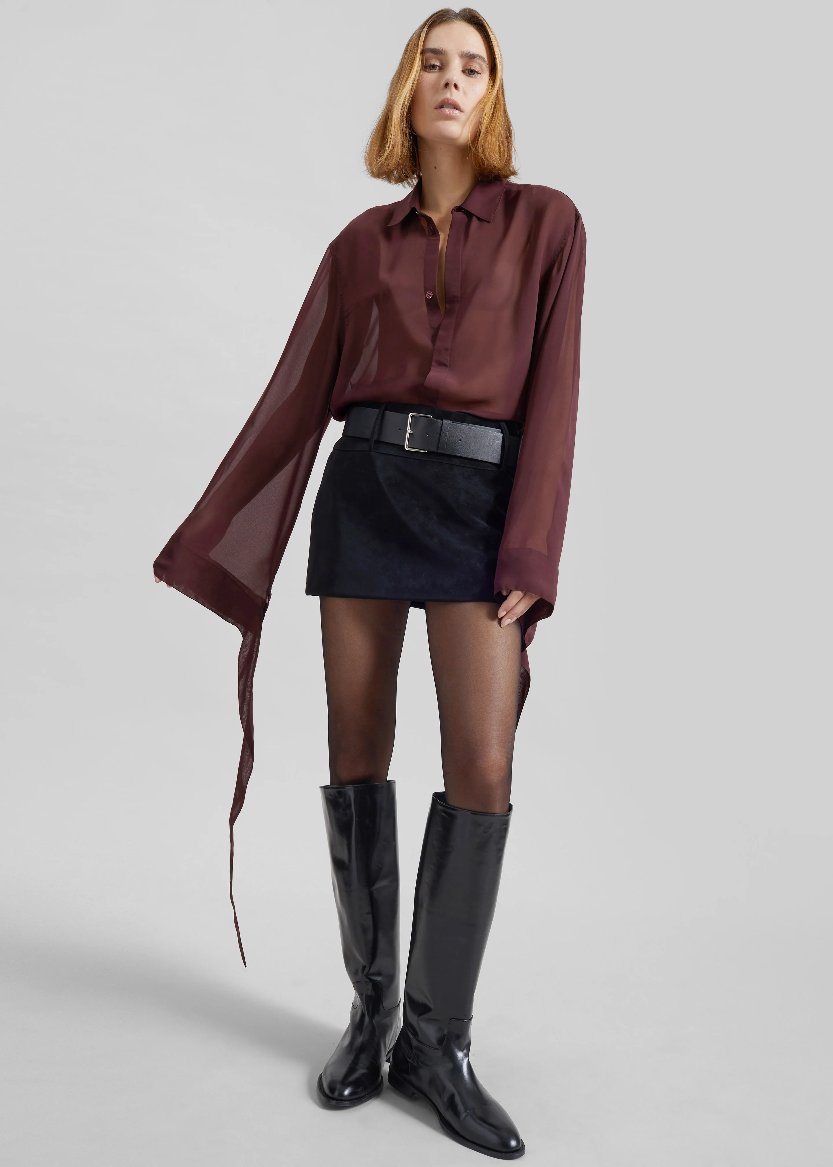 Verlin Sheer Chiffon Tie Cuff Shirt - Burgundy - Image 7