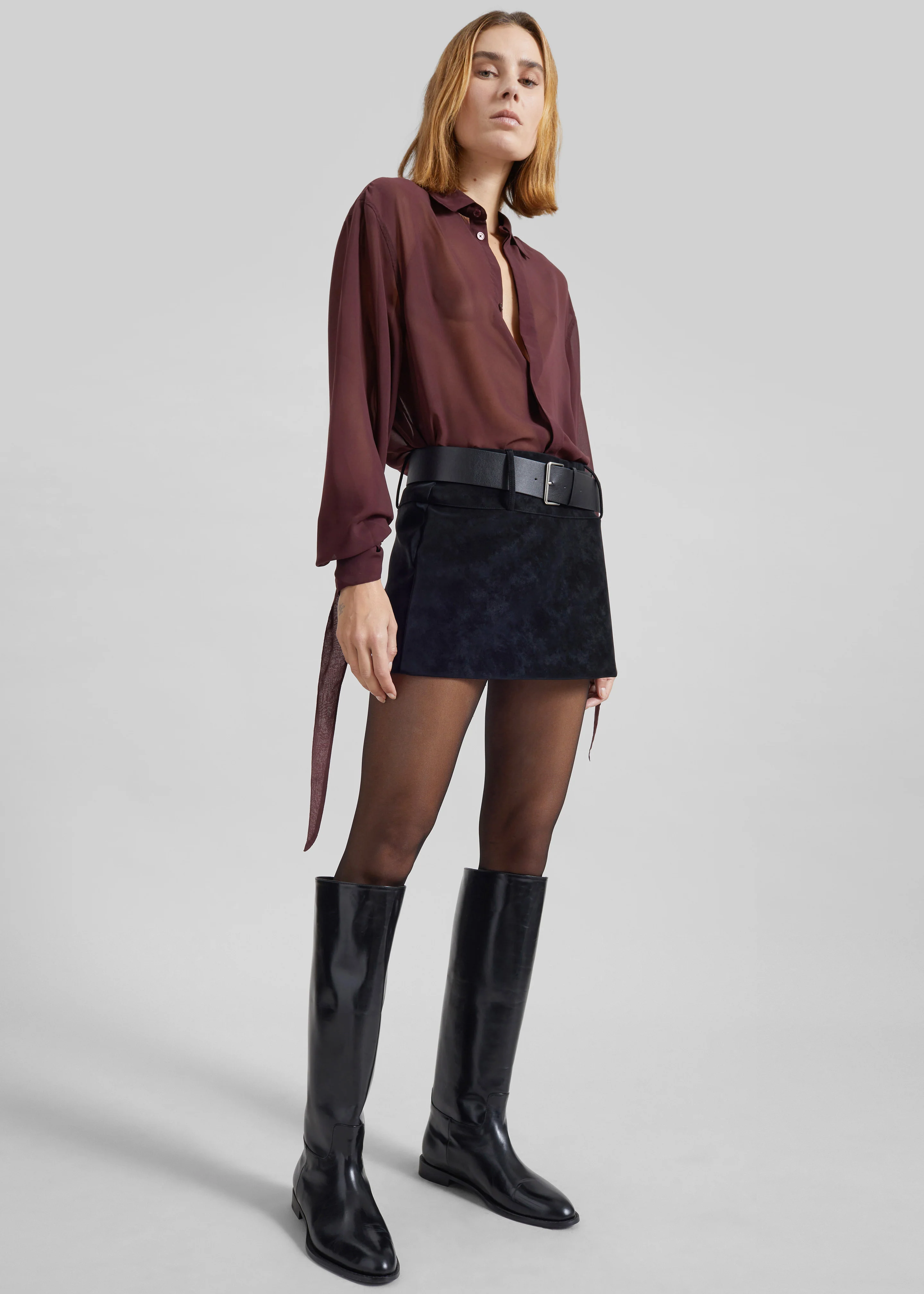 Verlin Sheer Chiffon Tie Cuff Shirt - Burgundy - Image 8