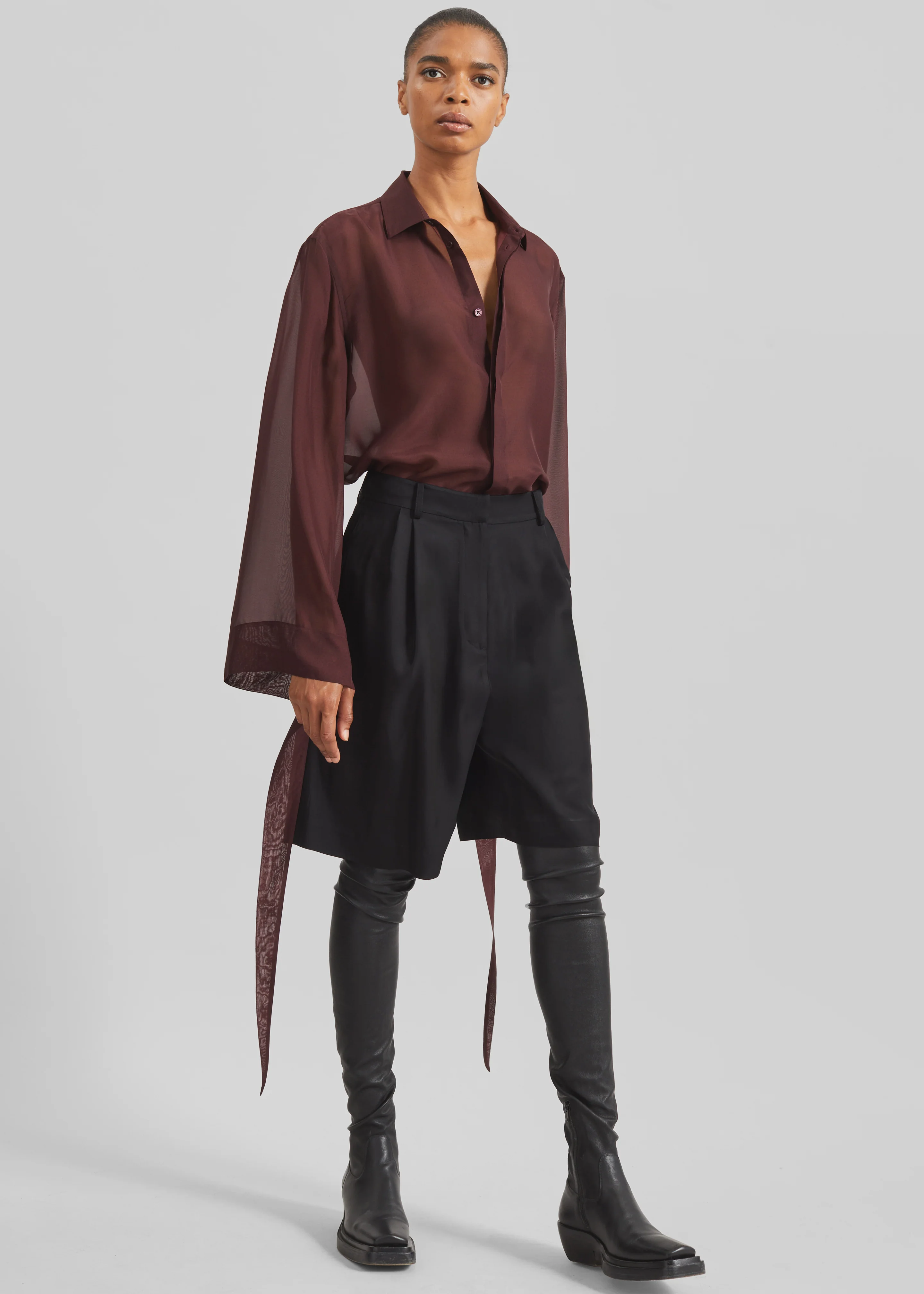 Verlin Sheer Chiffon Tie Cuff Shirt - Burgundy - Image 9