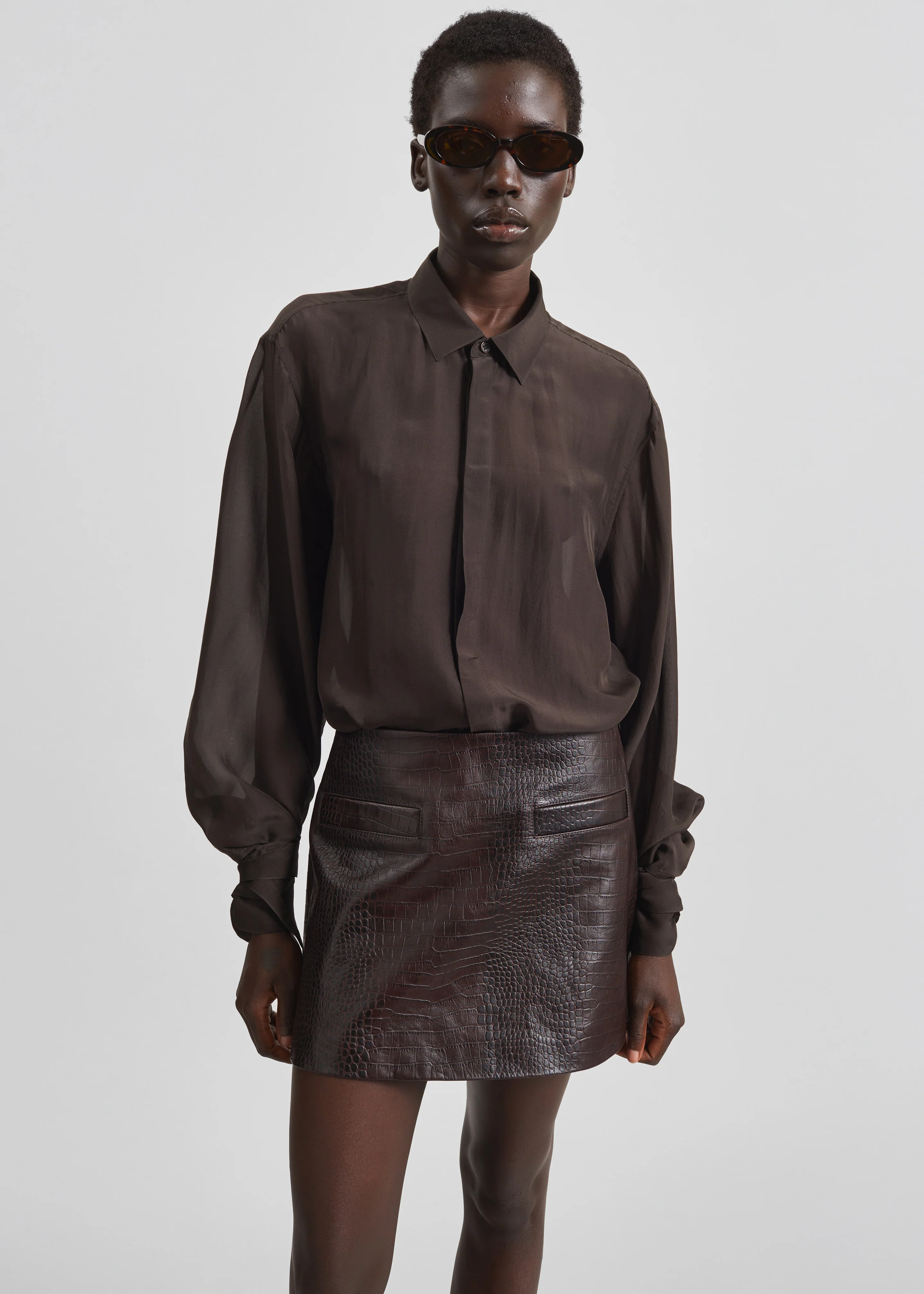 Verlin Sheer Chiffon Tie Cuff Shirt - Dark Brown - Image 4