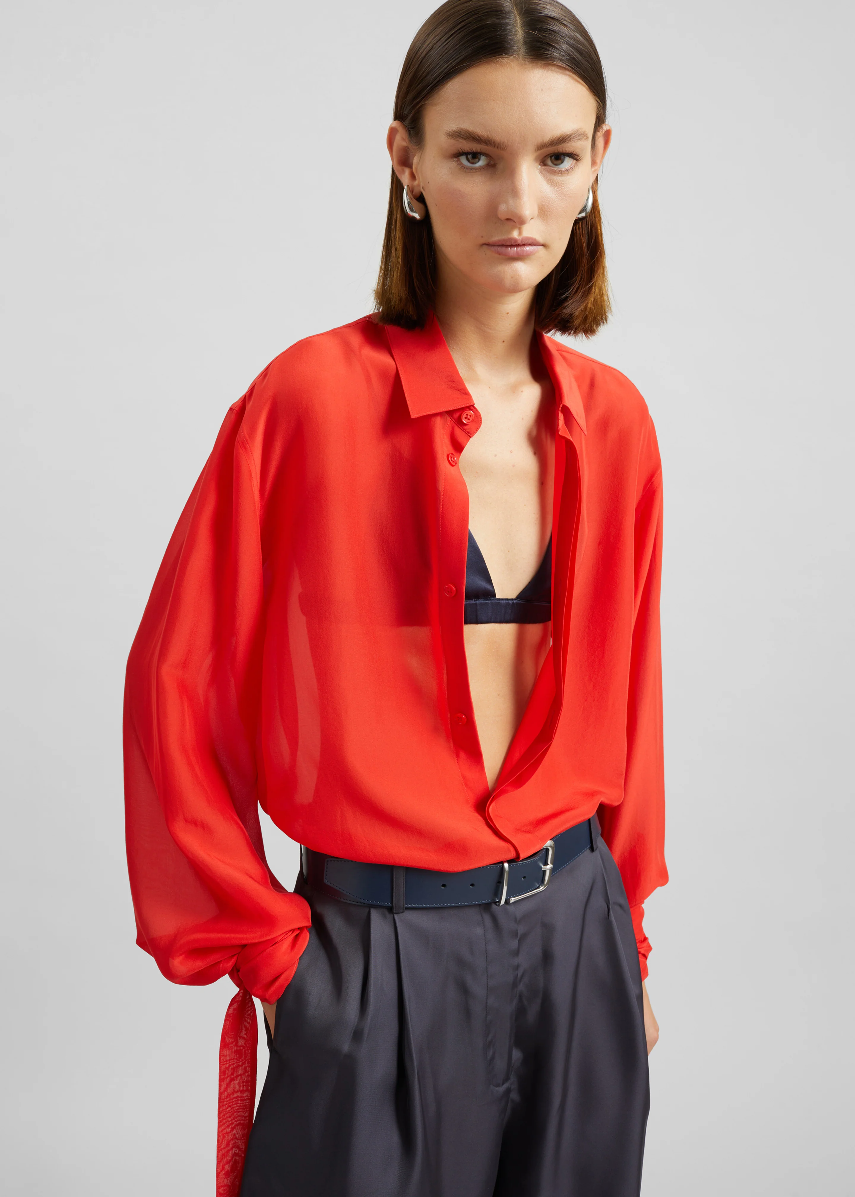 Verlin Sheer Chiffon Tie Cuff Shirt - Red - Image 5