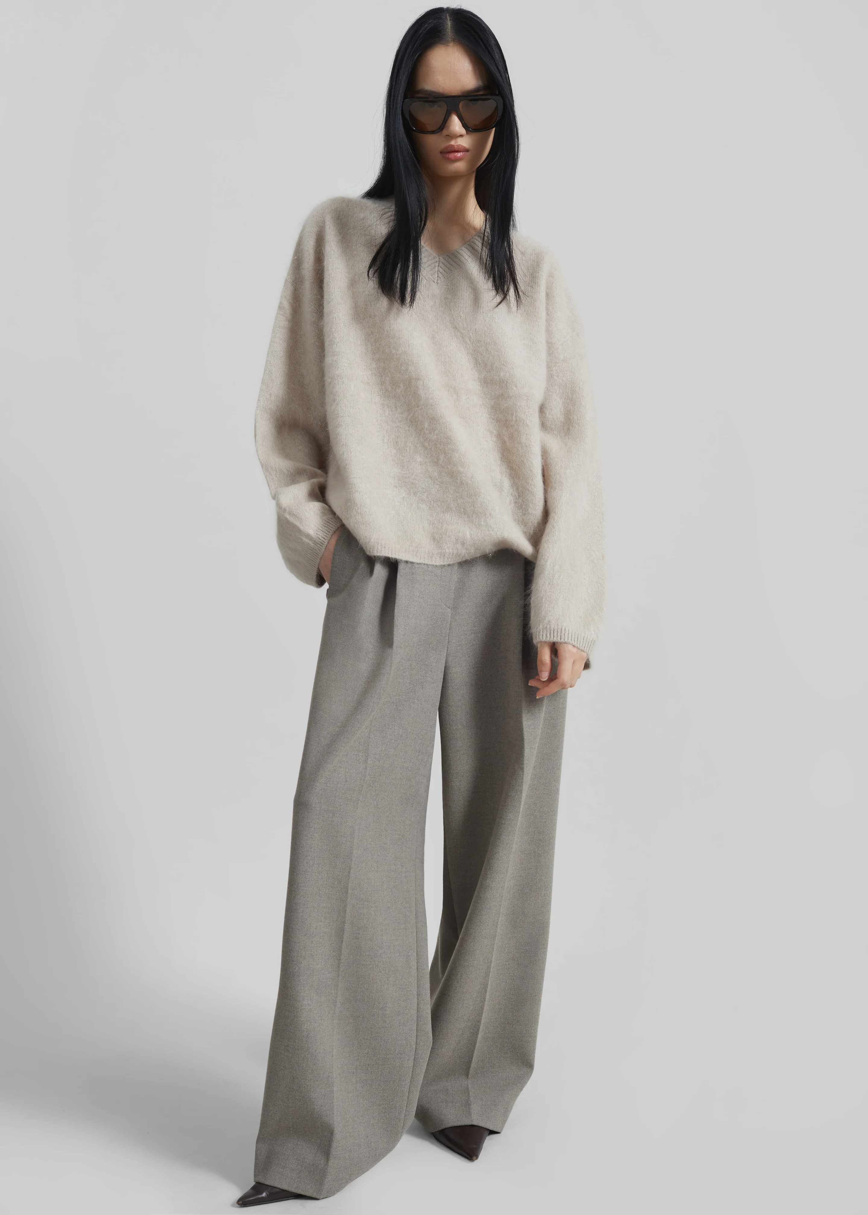 Vilhena Wool Fuzzy V-Neck Sweater - Beige - Image 2