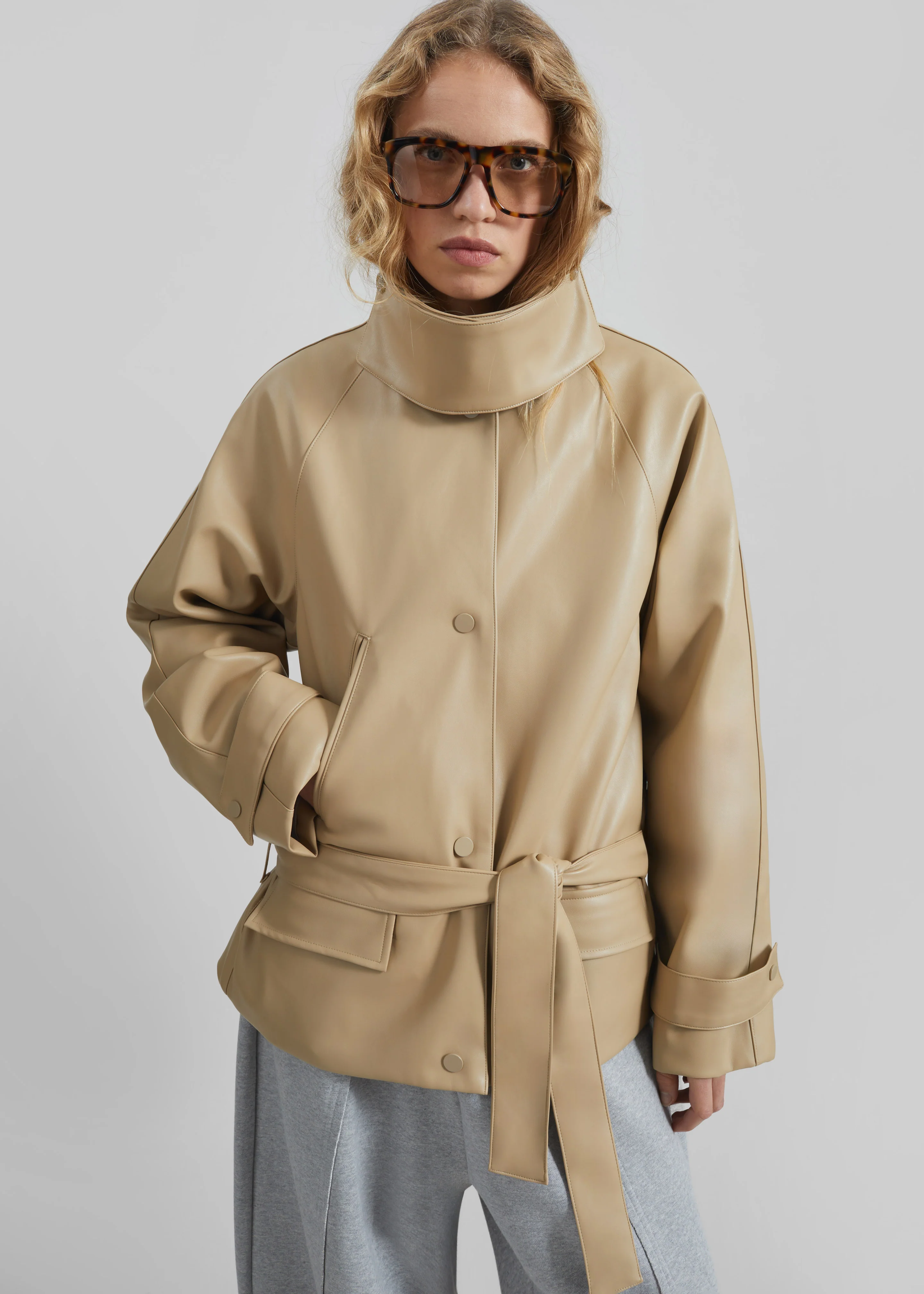 Viran Faux Leather Belted Jacket - Beige - Image 2