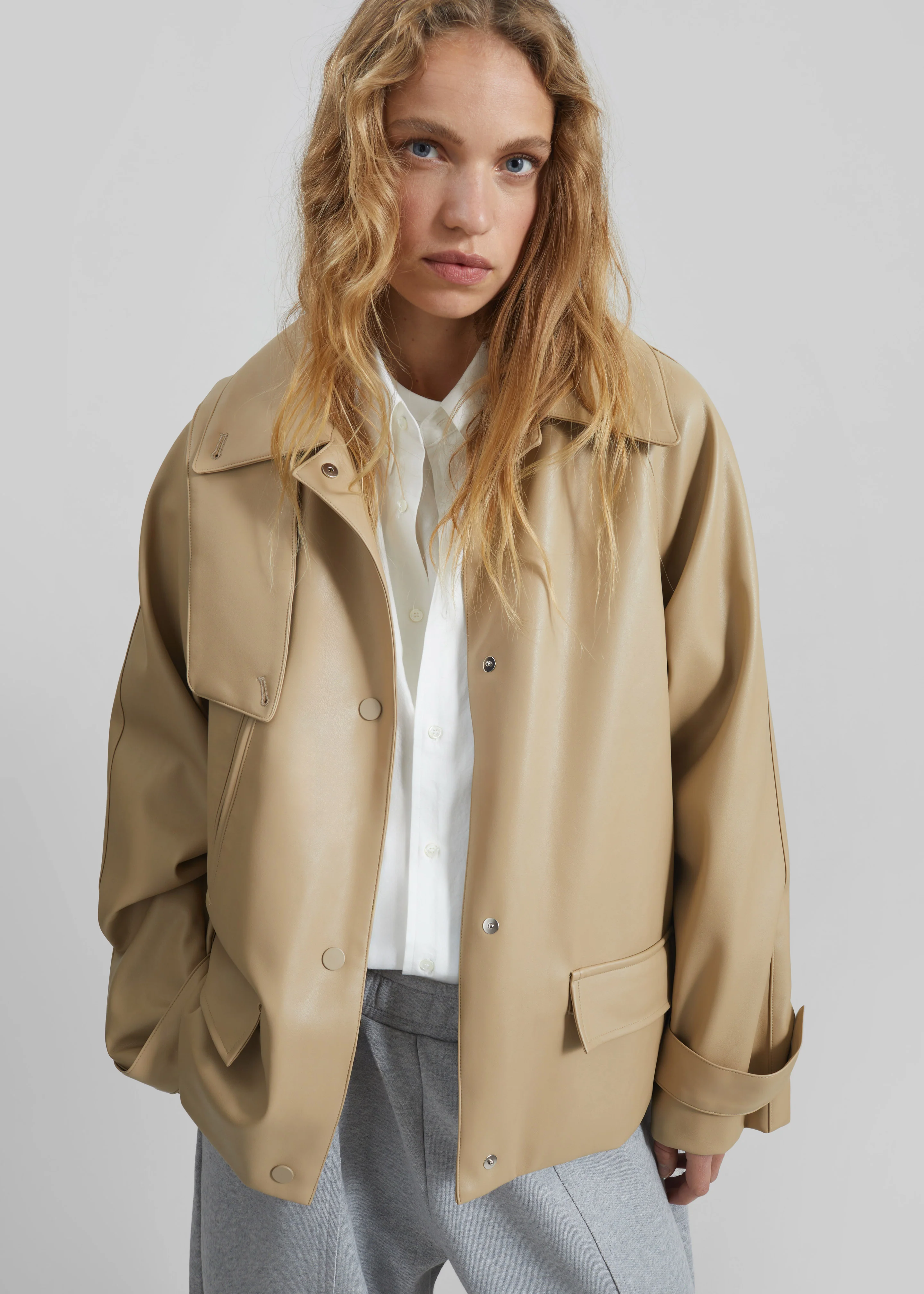 Viran Faux Leather Belted Jacket - Beige - Image 3