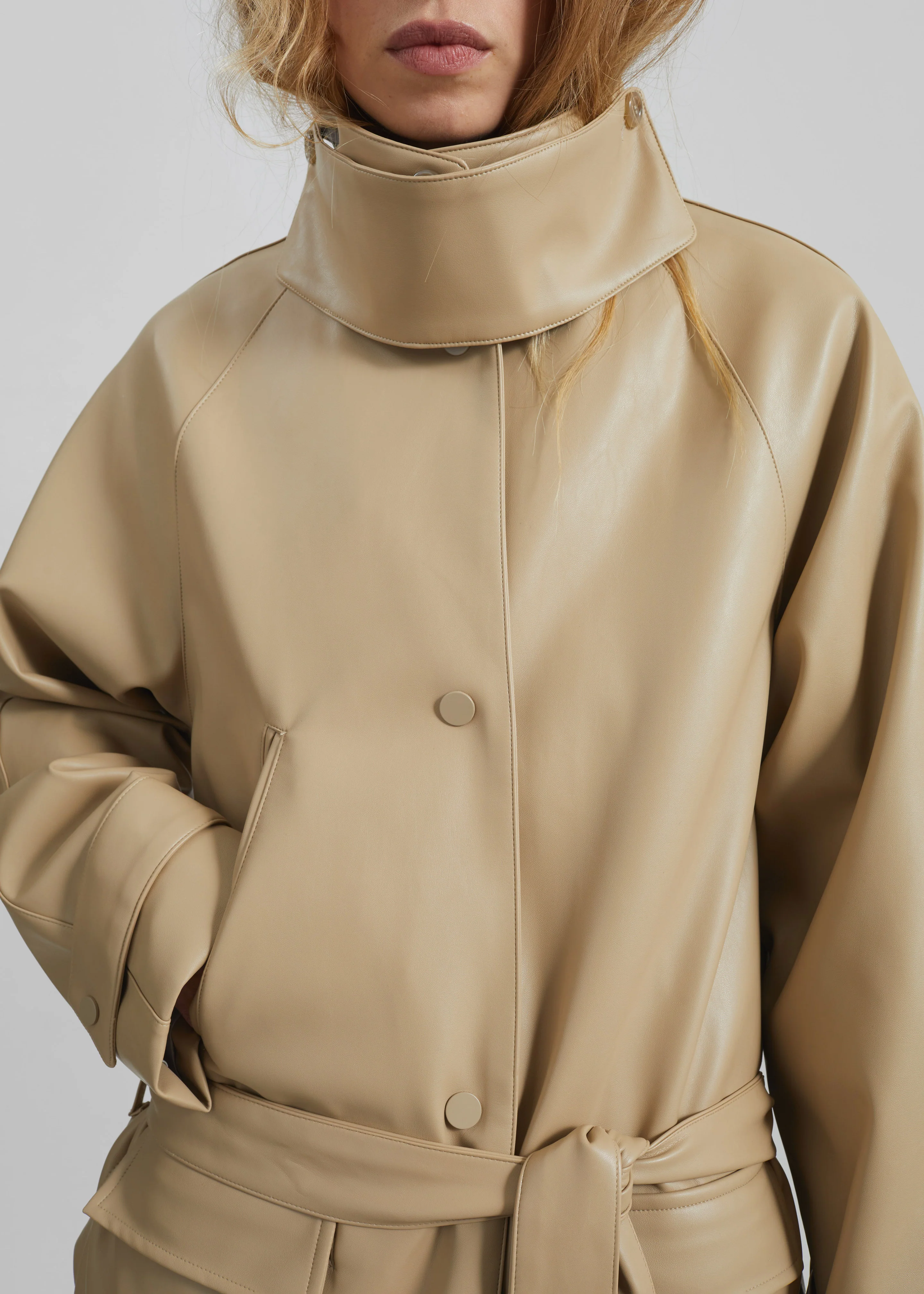 Viran Faux Leather Belted Jacket - Beige - Image 5