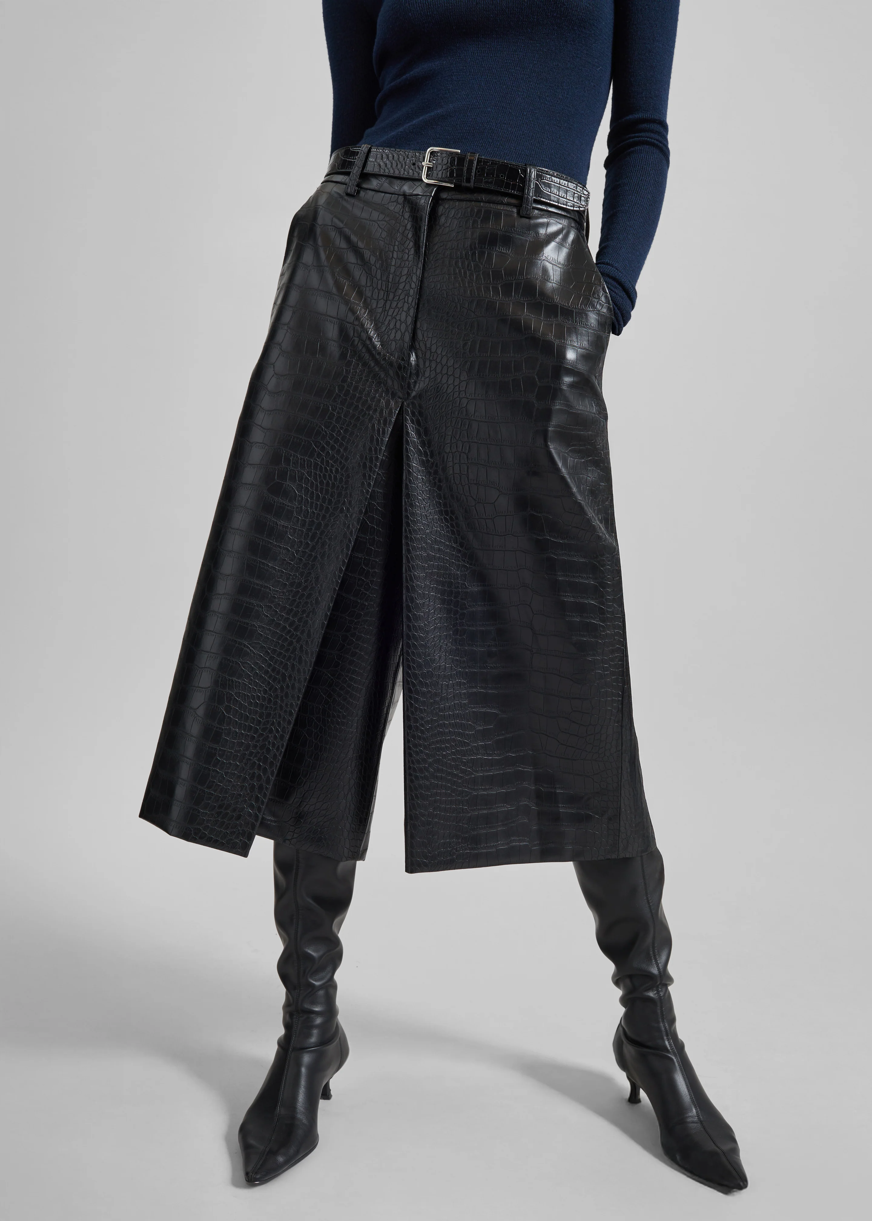 Vivonne Croc Faux Leather Culottes - Black - Image 2