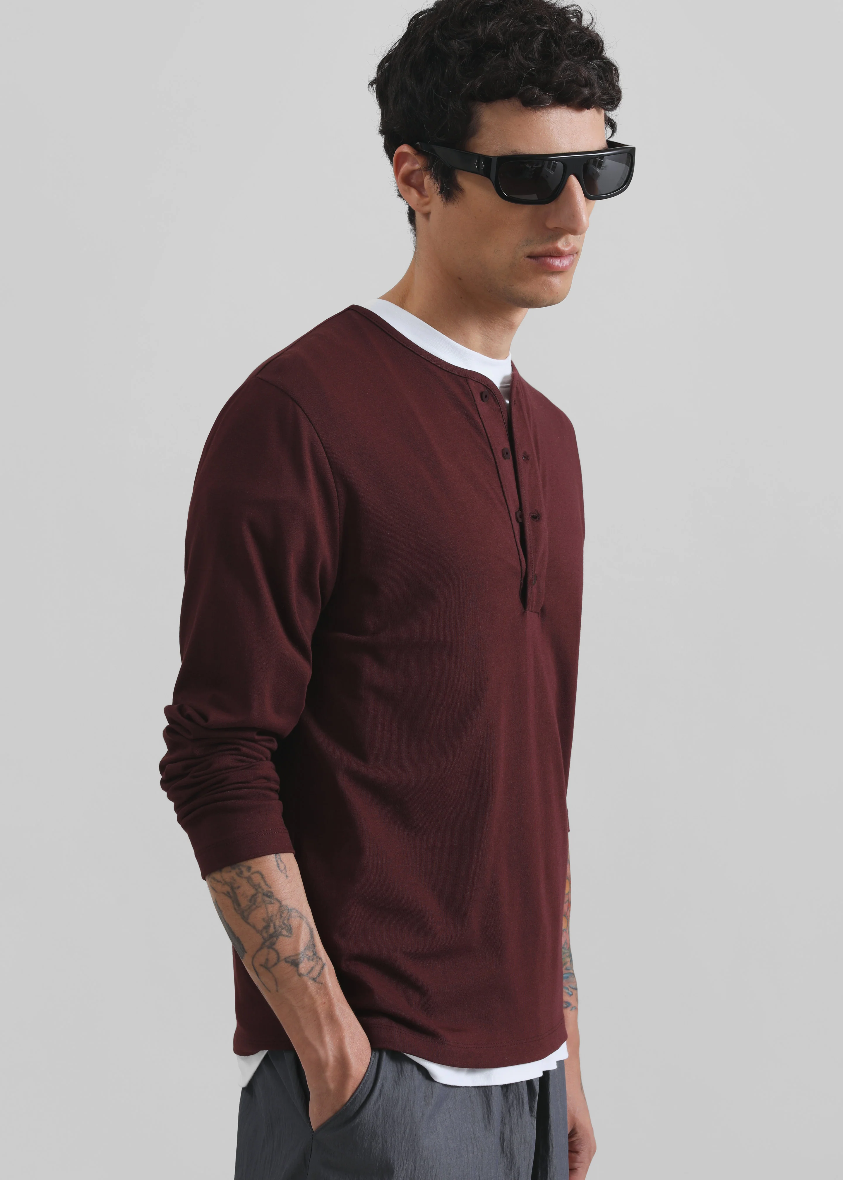 Whitby Modal-Blend Henley T-Shirt - Burgundy - Image 3