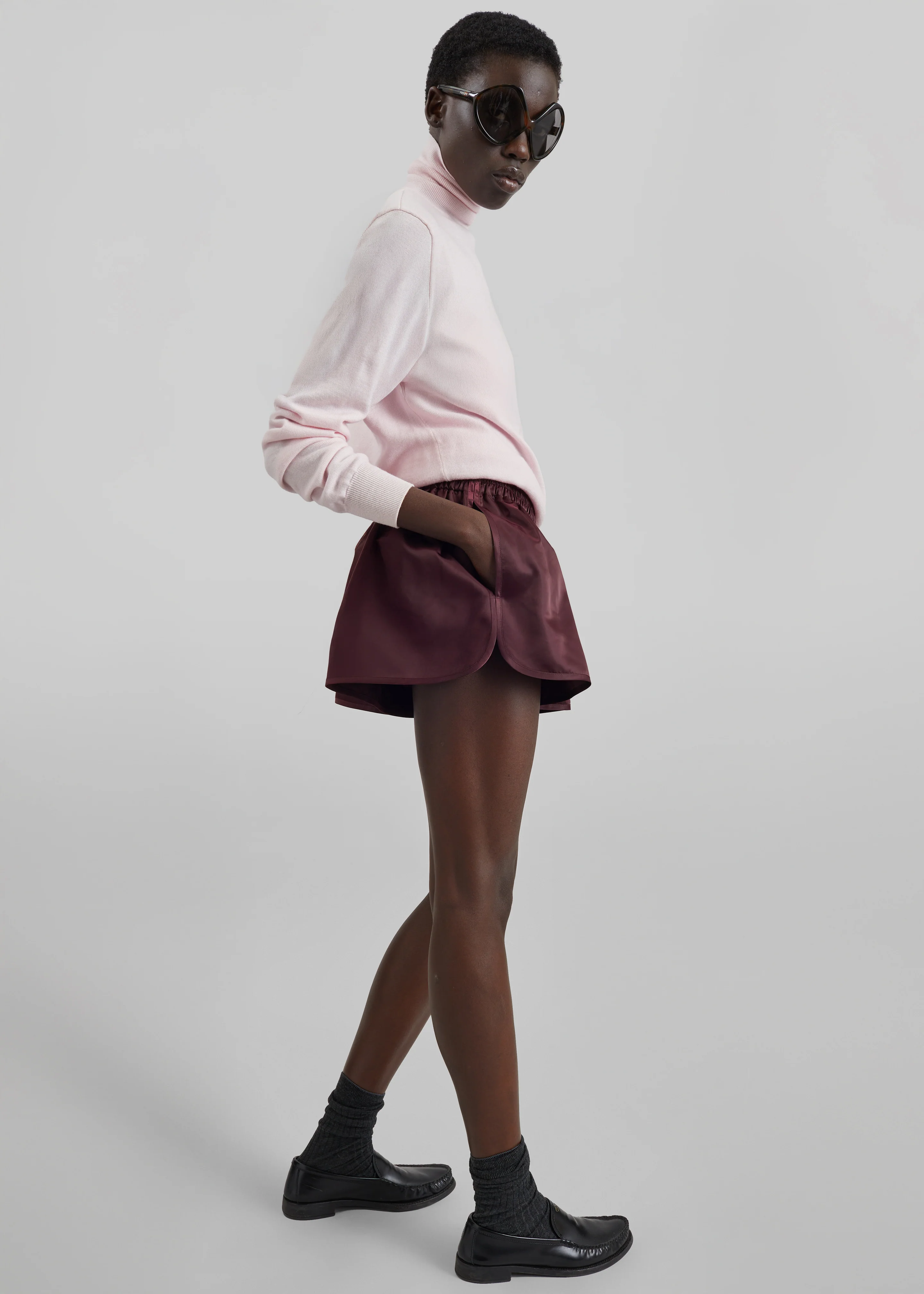 Zafra Satin Mini Shorts - Dark Plum - Image 3