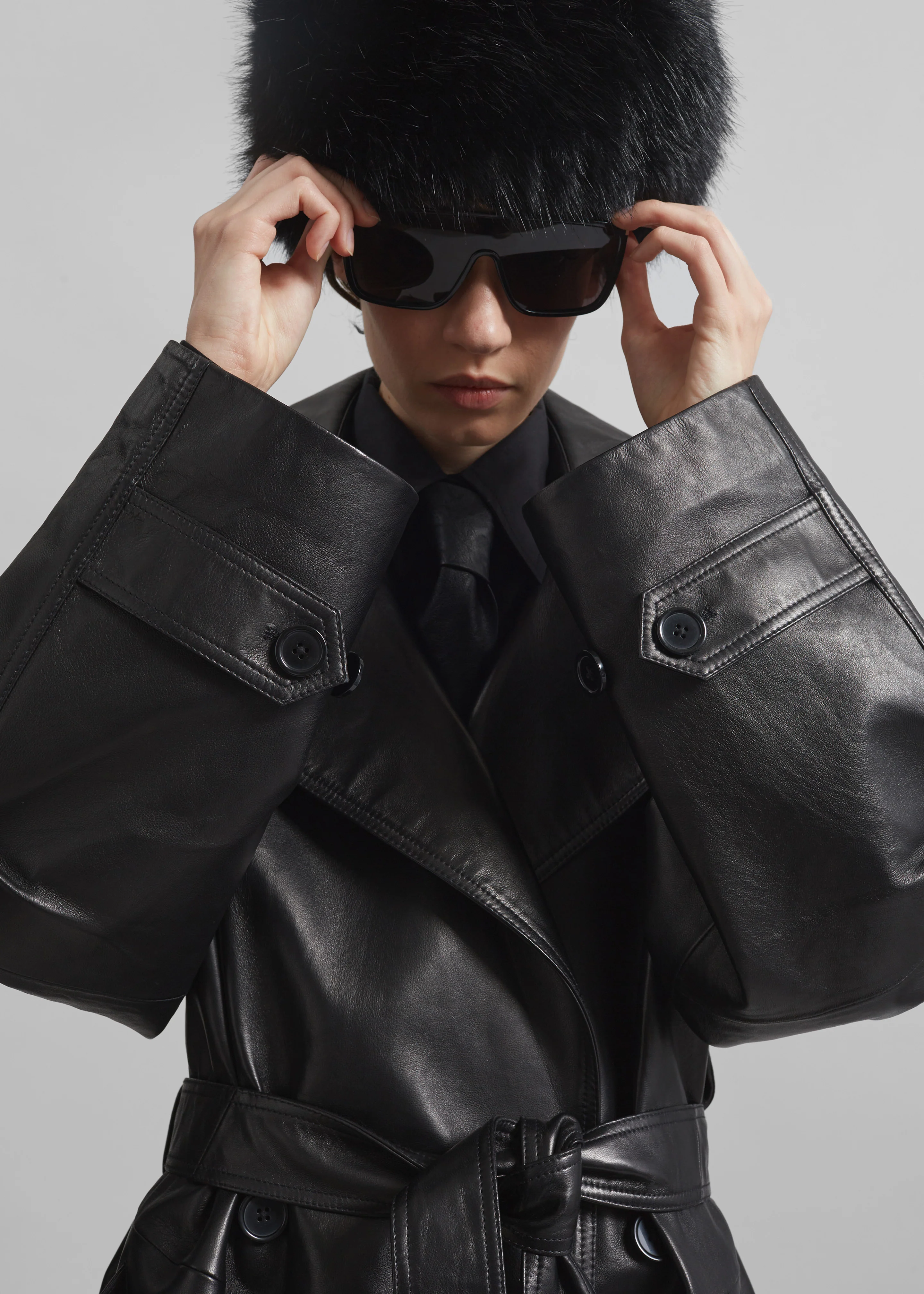 Zurich Oversized Faux Leather Short Trench - Black - Image 4