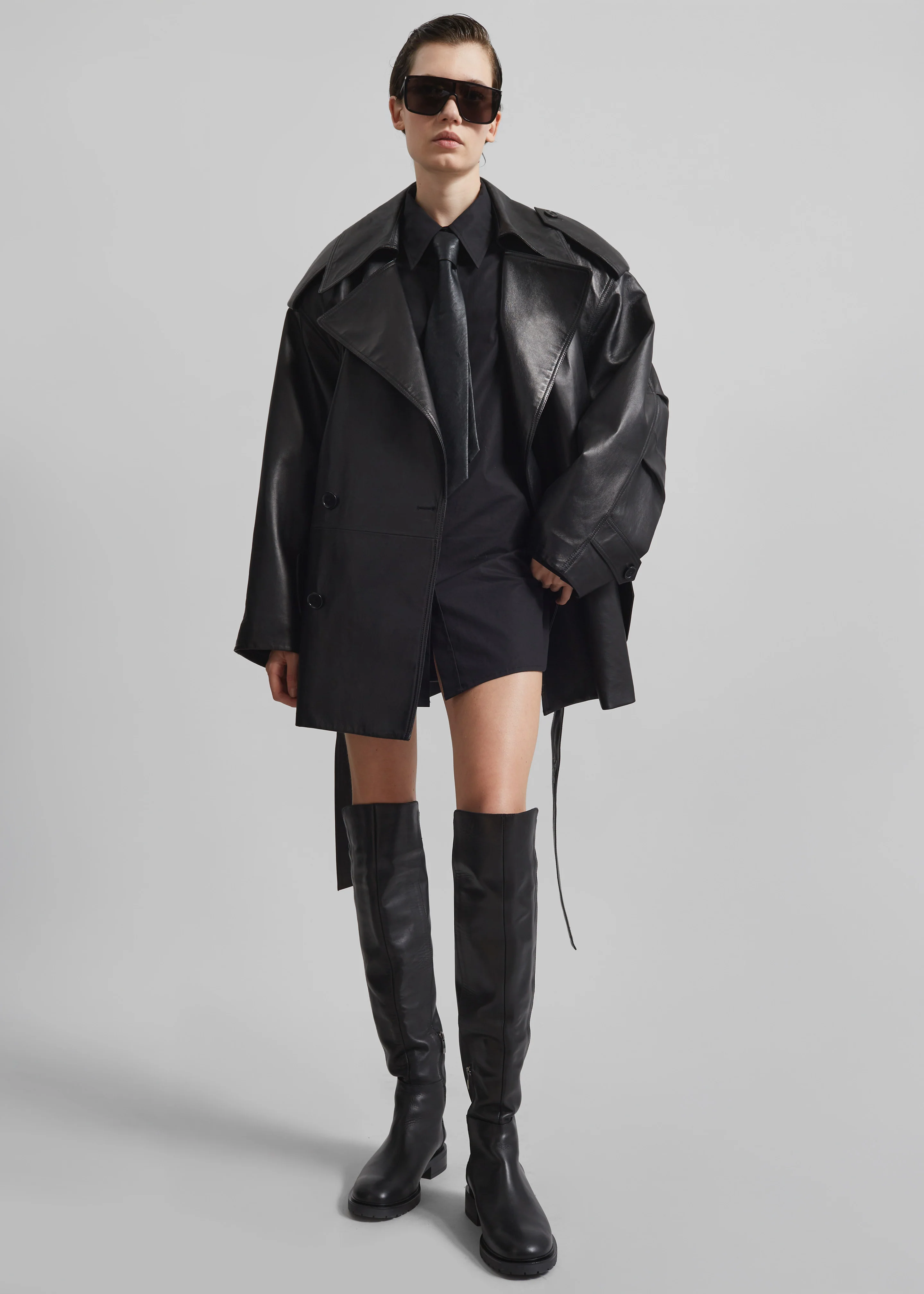 Zurich Oversized Faux Leather Short Trench - Black - Image 5