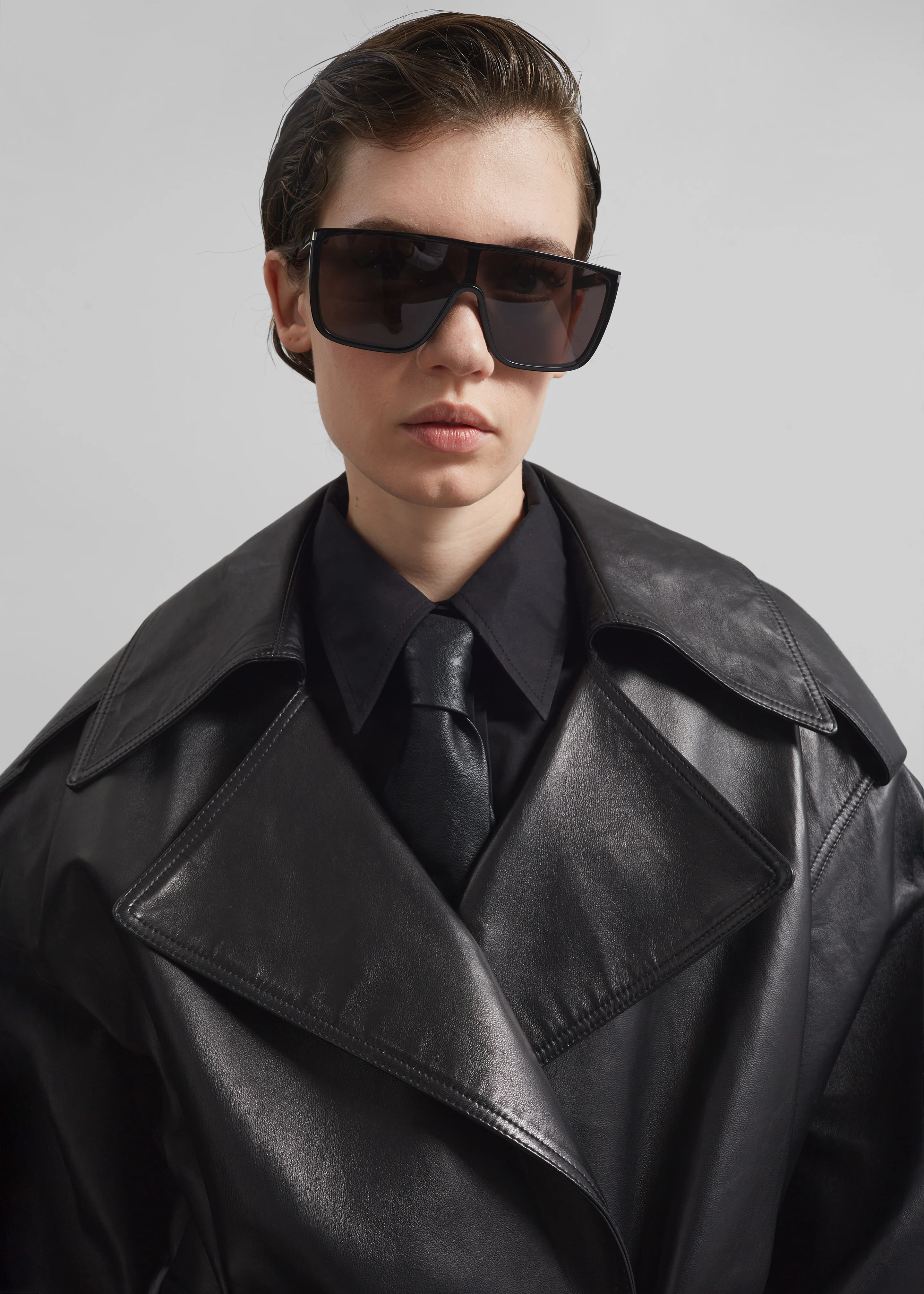 Zurich Oversized Faux Leather Short Trench - Black - Image 7